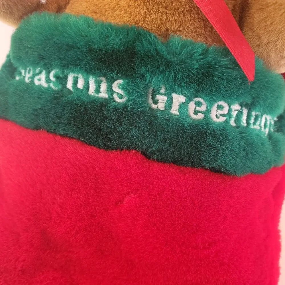 Christmas Stocking Reindeer Seasons Greetings Plush Vintage Red Green 17